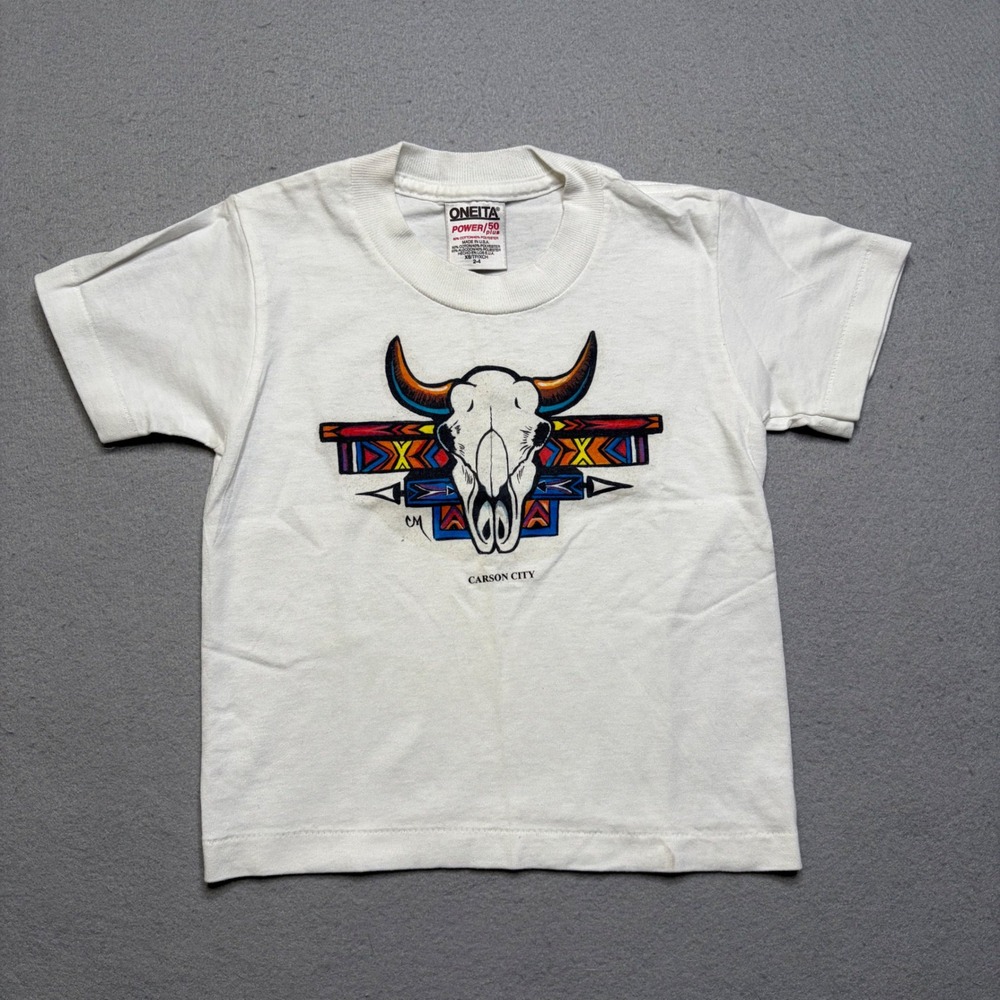 Oneita T-Shirt Kids XS 2-4 White Carson City Bull Skull Vintage USA Made